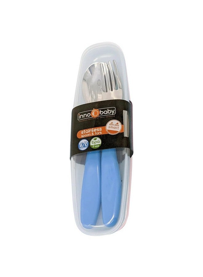 Innobaby Din Din Smart EZ Grip Spoon and Fork with Carrying Case, Utensil Set for Kids and Toddlers, BPA Free (Blue) - Image 1