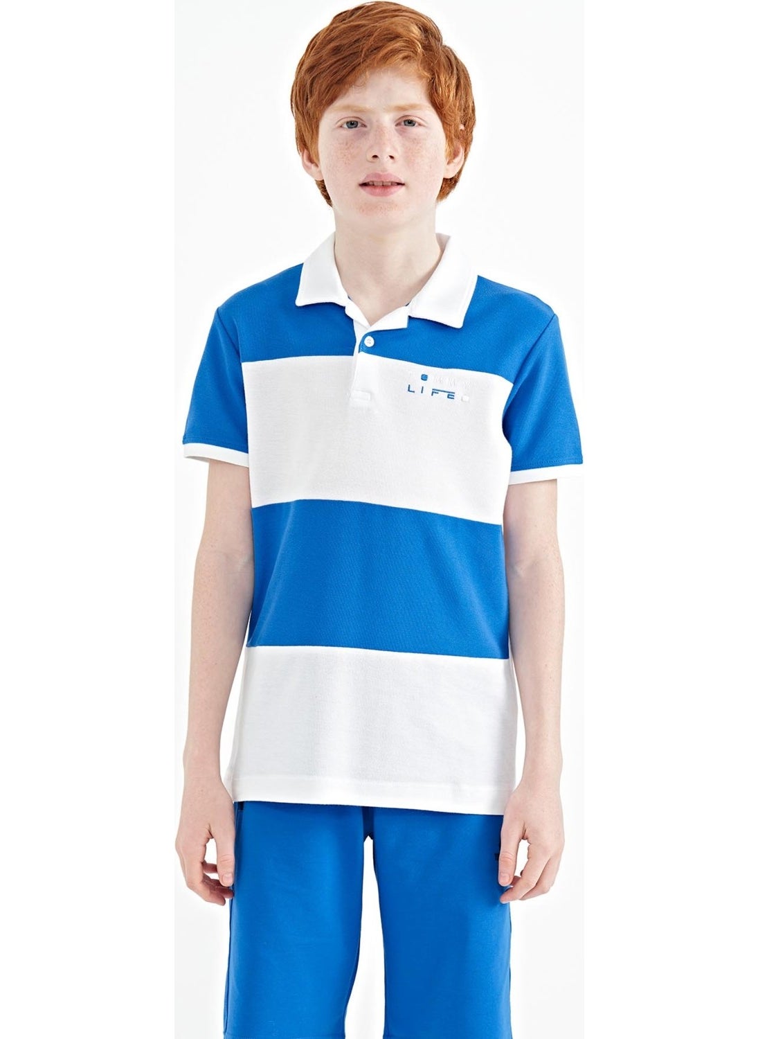 Tommy Life White Color Block Text Embroidered Standard Size Polo Collar Boy T-Shirt - 11095  - Image 1