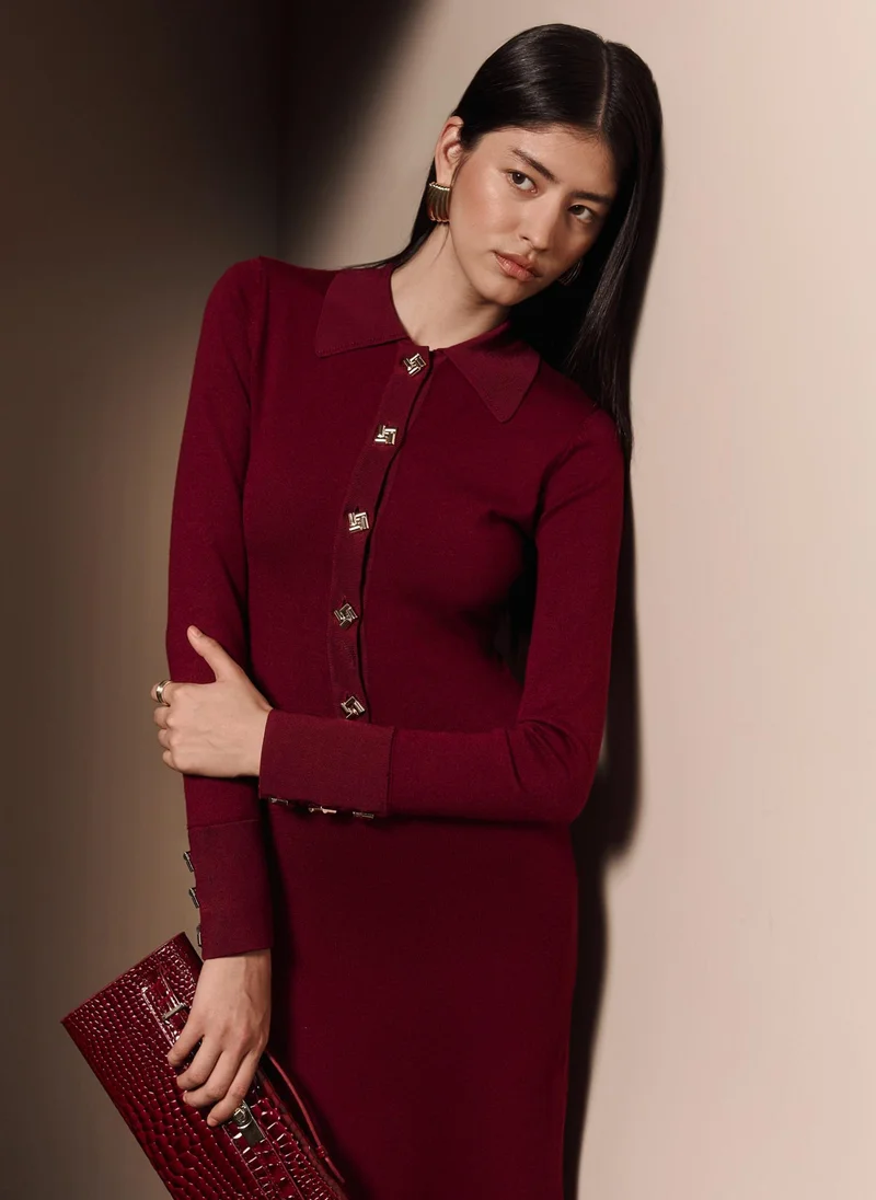 Lichi Jersey midi dress with triangular collar and large buttons