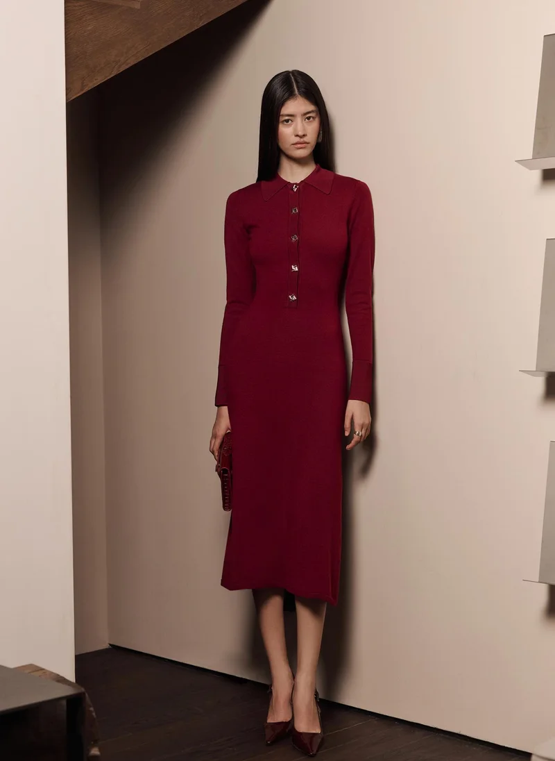 Lichi  Jersey midi dress with triangular collar and large buttons for Women | Best Price UAE
