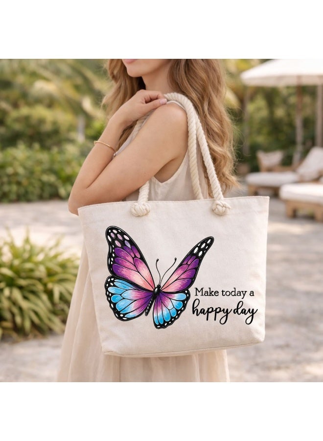 We Print, Your Gift Butterfly Motivational Beach Tote Bag for Women - Heavy Cotton Fabric - Gold Zipper - Inner Pocket - Lined Interior - Shoulder Bag for Beach Travel Work - 47 x 37 cm - Image 2
