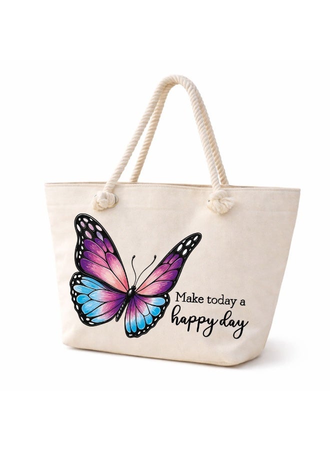 We Print, Your Gift Butterfly Motivational Beach Tote Bag for Women - Heavy Cotton Fabric - Gold Zipper - Inner Pocket - Lined Interior - Shoulder Bag for Beach Travel Work - 47 x 37 cm - Image 1