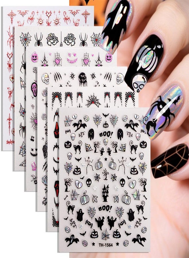 Hrnsnails Halloween Nail Stickers - Halloween Nail Decals,3D Self-Adhesive Laser Skull Spider Web Nail Art Decals DIY Holiday Nail Stickers for Women Grils (6 Sheets) - Image 1