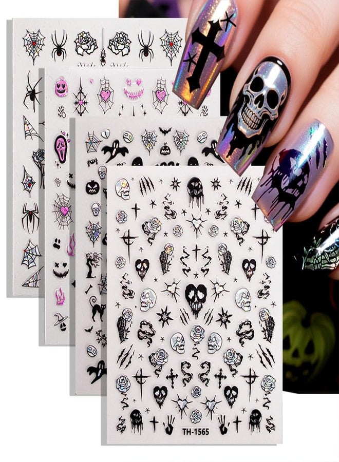Hrnsnails Halloween Nail Stickers - Halloween Nail Decals,3D Self-Adhesive Laser Skull Spider Web Nail Art Decals DIY Holiday Nail Stickers for Women Grils (6 Sheets) - Image 2