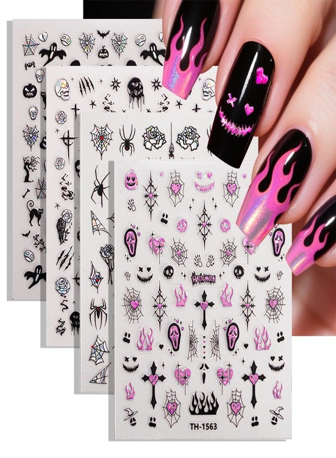 Hrnsnails Halloween Nail Stickers - Halloween Nail Decals,3D Self-Adhesive Laser Skull Spider Web Nail Art Decals DIY Holiday Nail Stickers for Women Grils (6 Sheets) - Image 3