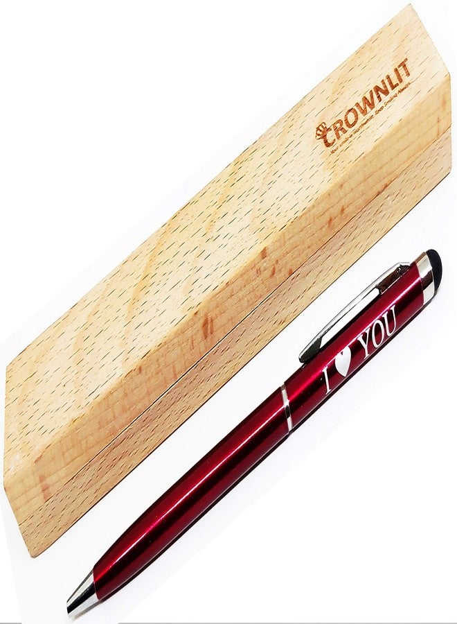 CrownLit Red Metal Pen with Stylus for Lover with I Love You Printed with Wooden Box - Image 1