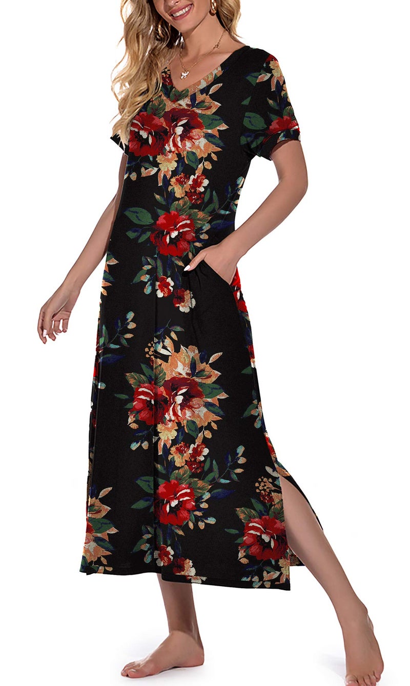 PrinStory Womens Long Nightgown Short Sleeve Nightshirt V-Neck Soft Night Gown Casual Sleepwear FP-Brown Black-X-Large - Image 1