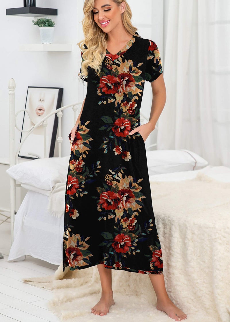 PrinStory Womens Long Nightgown Short Sleeve Nightshirt V-Neck Soft Night Gown Casual Sleepwear FP-Brown Black-X-Large - Image 2