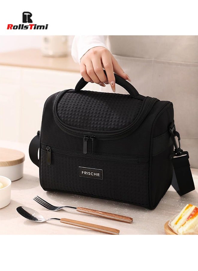 RollsTimi  Lunch Bag for Men Women Large Insulated Thermal Black Lunch Bags Waterproof Lunch Cooler Bag Leakproof Lunch Box with Front Zipper Pocket Adjustable Shoulder Strap for Work Office Camping Picnic - Image 1