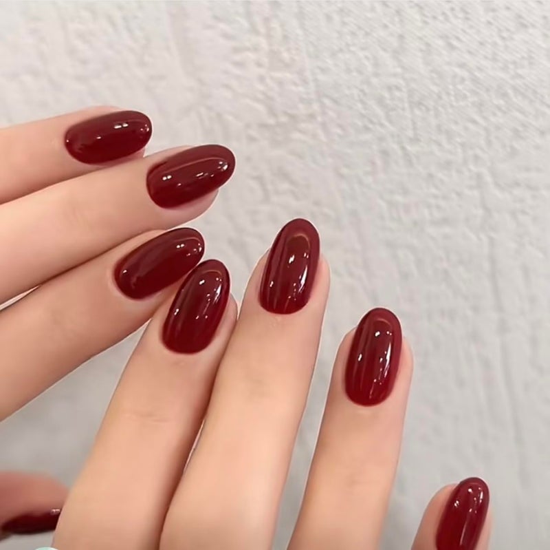 modelones Dark Red Short Press On Nails, Oval Fake Nails with Nail Glue, Adhesive Tabs, Nail File, Prep Pad, Manicure Stick, 32Pcs 16 Sizes, Cherry, Spring Women Girl Gift - Image 1