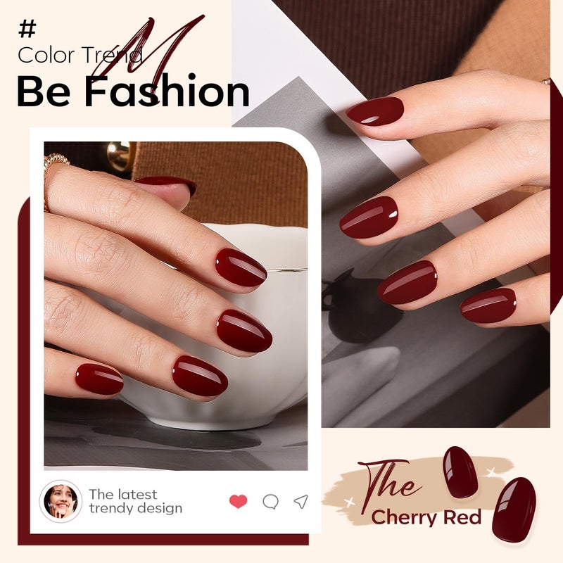 modelones Dark Red Short Press On Nails, Oval Fake Nails with Nail Glue, Adhesive Tabs, Nail File, Prep Pad, Manicure Stick, 32Pcs 16 Sizes, Cherry, Spring Women Girl Gift - Image 2