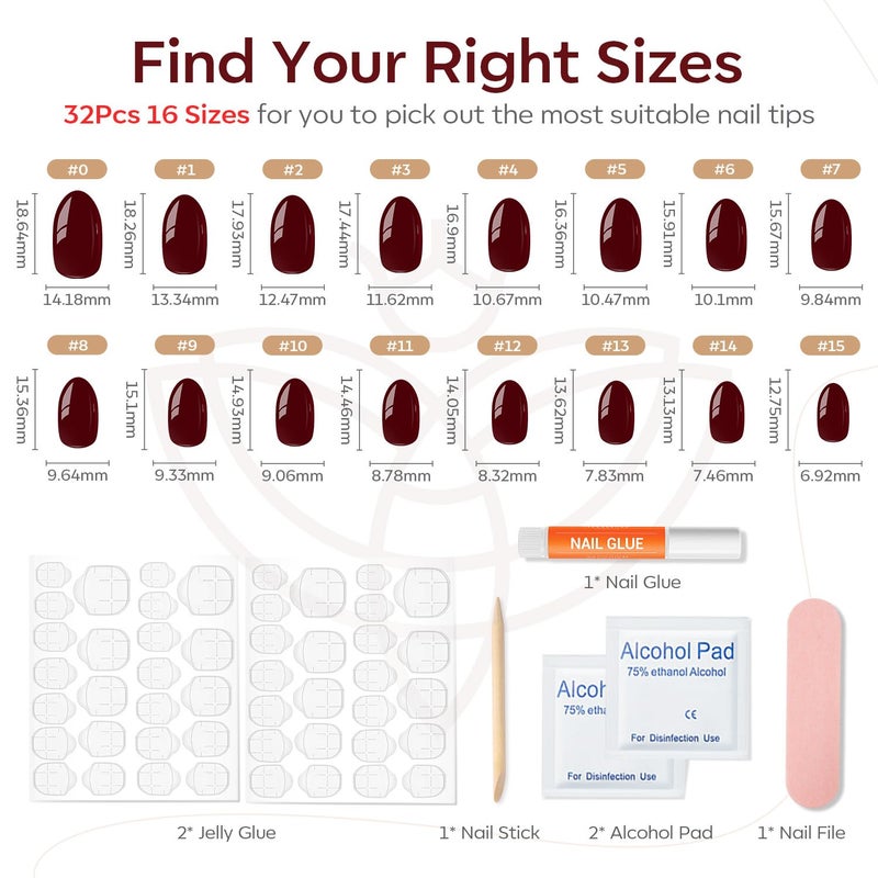 modelones Dark Red Short Press On Nails, Oval Fake Nails with Nail Glue, Adhesive Tabs, Nail File, Prep Pad, Manicure Stick, 32Pcs 16 Sizes, Cherry, Spring Women Girl Gift - Image 3