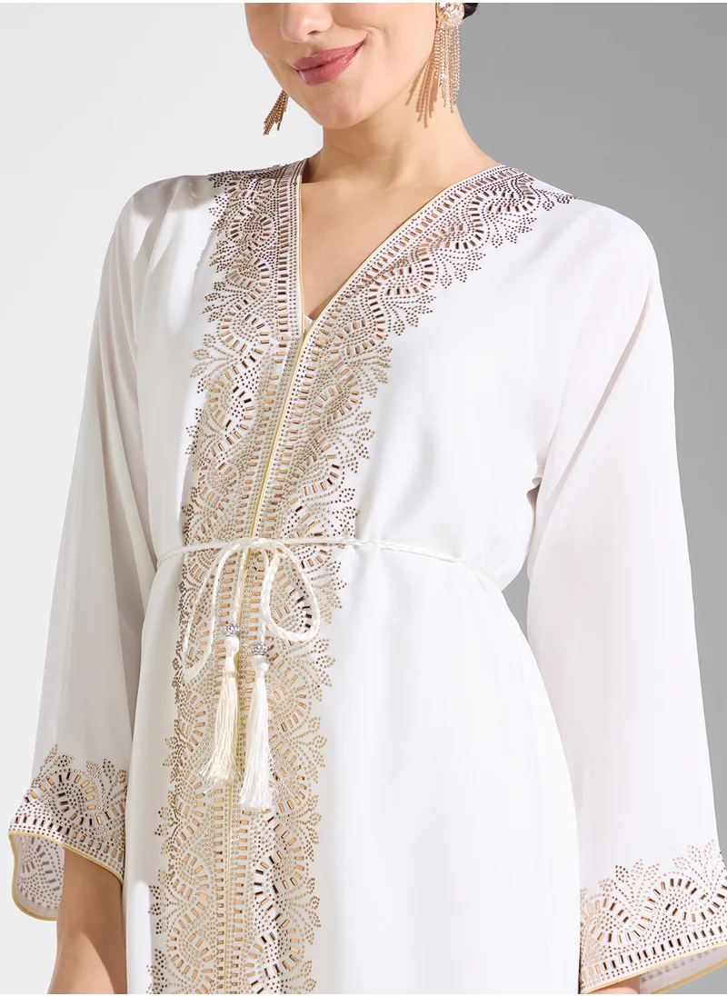 ARABIAN CLOSET Open Embellished Abaya With Belt