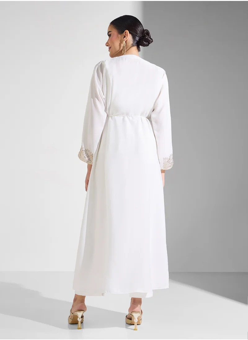 ARABIAN CLOSET Open Embellished Abaya With Belt