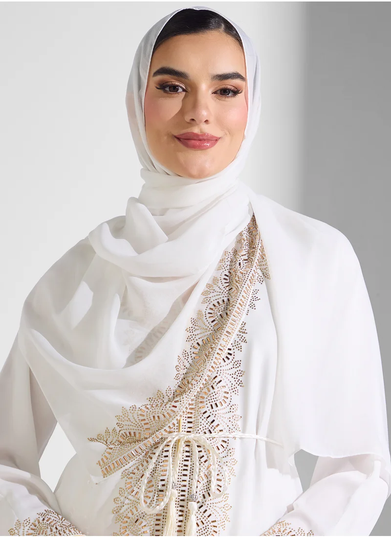 ARABIAN CLOSET Open Embellished Abaya With Belt