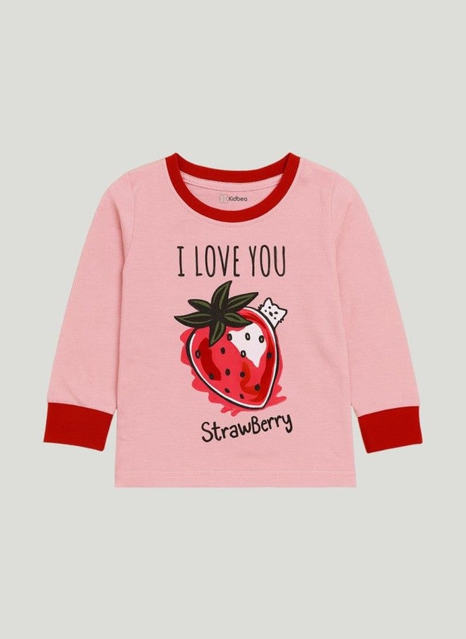 Kidbea Kids Strawberry Graphic Printed Cotton T-shirt and Jogger Pyjama Set - Image 3