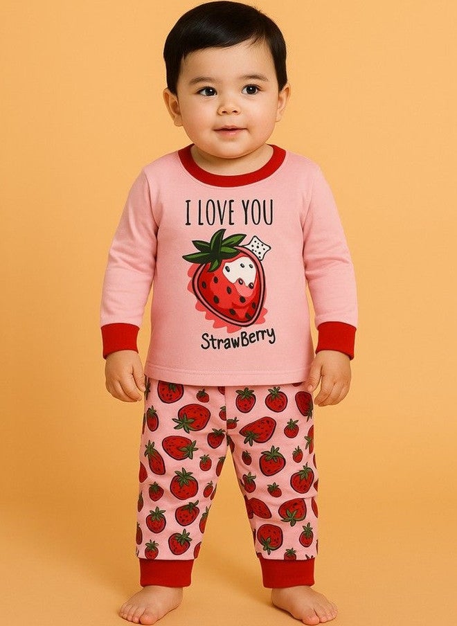 Kidbea Kids Strawberry Graphic Printed Cotton T-shirt and Jogger Pyjama Set - Image 1