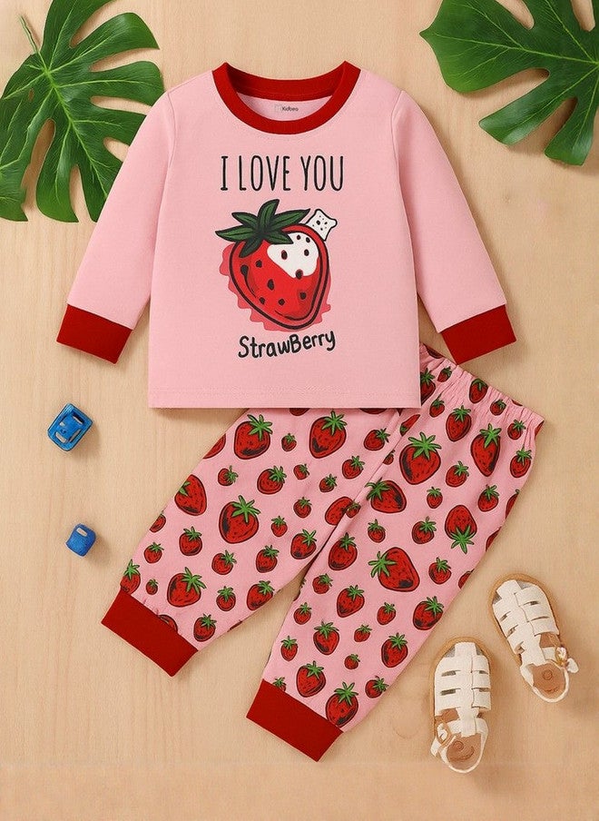 Kidbea Kids Strawberry Graphic Printed Cotton T-shirt and Jogger Pyjama Set - Image 2