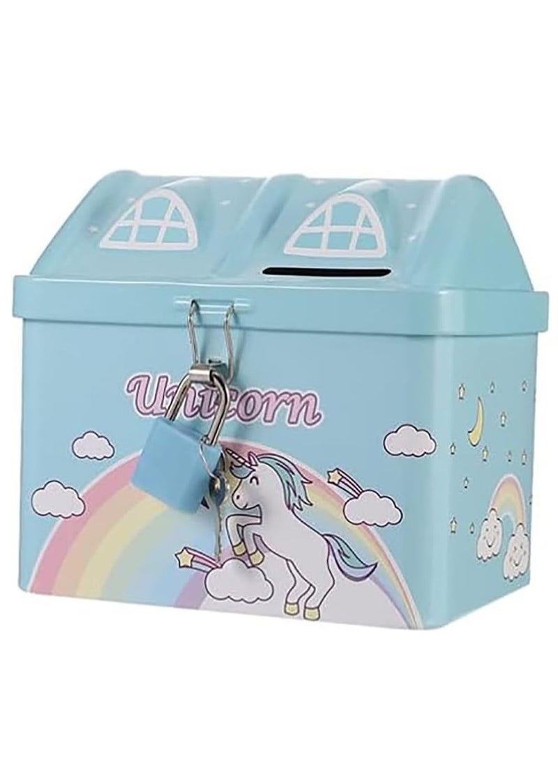 Rubik Money Bank with Padlock for Kids, Unicorn Metal House Cash Coin Savings Piggy Box (Blue) - Image 1