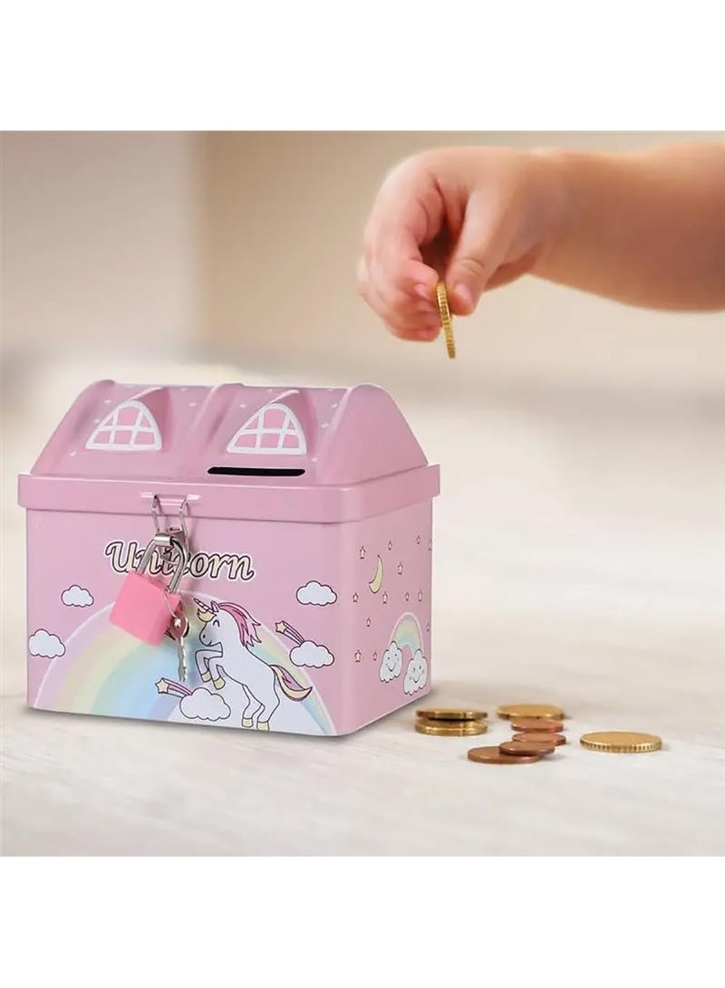 Rubik Money Bank with Padlock for Kids, Unicorn Metal House Cash Coin Savings Piggy Box (Blue) - Image 3