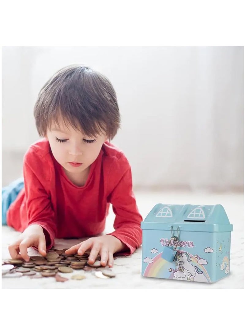 Rubik Money Bank with Padlock for Kids, Unicorn Metal House Cash Coin Savings Piggy Box (Blue) - Image 4