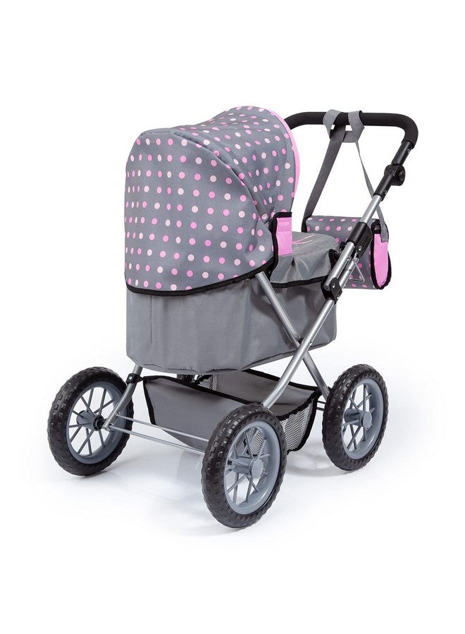 Bayer Design دمى: عربة عصرية رمادية مزينة بنقاط وردية تشمل حقيبة كتف تناسب الدمى حتى 18" مقبض قابل للتعديل لعب تخيلي للأطفال سلة تسوق سهلة الطي للأعمار من 3 سنوات فما فوق - Image 3