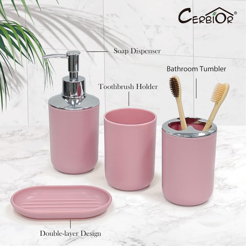 CERBIOR مجموعة إكسسوارات الحمام المكونة من 6 قطع تشمل موزع الصابون، حامل فرشاة الأسنان، كوب فرشاة الأسنان، طبق الصابون لسطح الزينة وهدية ترحيب (وردي) - Image 3