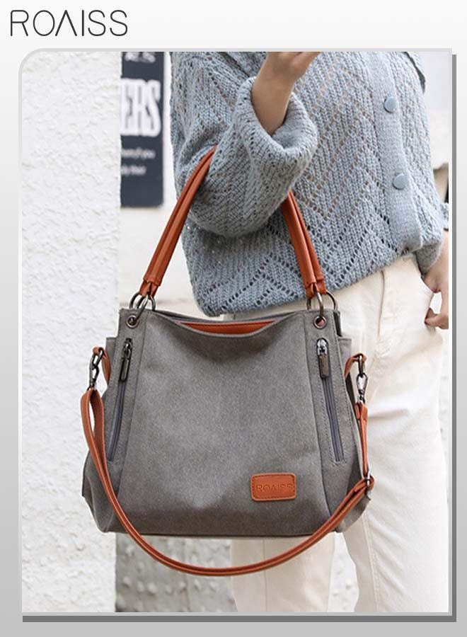 roaiss Casual Large Shoulder Tote Bag Canvas Handbag with Long Strap and Multi Pocket Design Perfect for Young Women and Teenagers for School and Shopping Grey and Orange  - Image 1