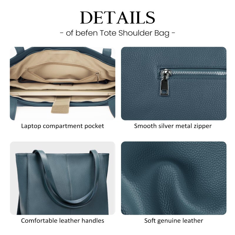 befen Real Leather Tote Shoulder Bags for Women Work, Women's Tote Bag Purses with Compartments for Daily and Travel Teal Blue - Image 3