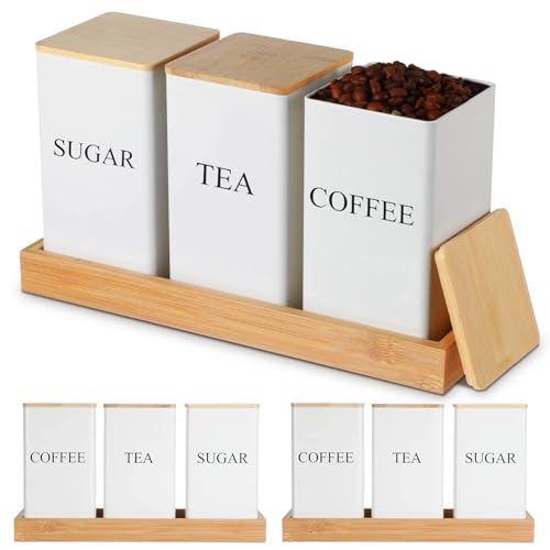 Limbeuuu 3 Pack Coffee Tea Sugar Container with Tray Airtight Metal Canister with Bamboo Lid Tray for Kitchen Counter Dining Room Farm House Kitchen Style Drink Station Organizer Set(White) - Image 1