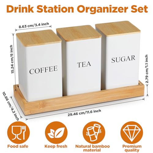 Limbeuuu 3 Pack Coffee Tea Sugar Container with Tray Airtight Metal Canister with Bamboo Lid Tray for Kitchen Counter Dining Room Farm House Kitchen Style Drink Station Organizer Set(White) - Image 2