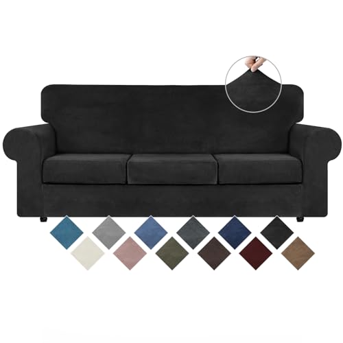 WEERRW 4 Pieces Velvet High Stretch Couch Covers for 3 Cushion Couch Sofa Slipcovers Washable Furniture Protector with Non Slip Elastic Bottom Feature Soft and Thick Plush Fabric Black Large
