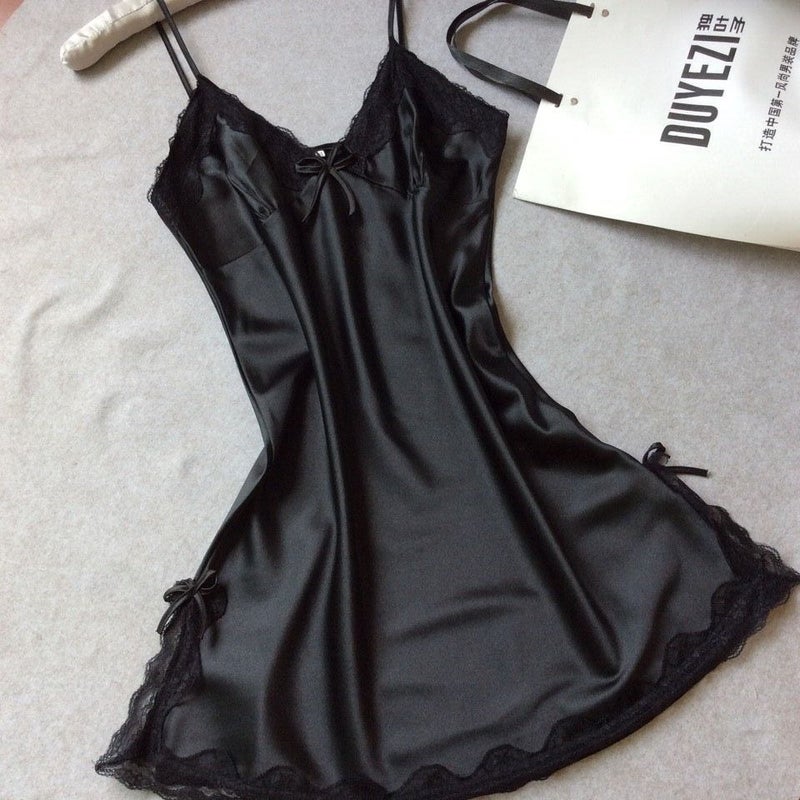 Ai Ju Si Women's Satin Silk Cami Nightdress V-Neck Sleeveless Short Homewear Summer Sleepwear - Image 1