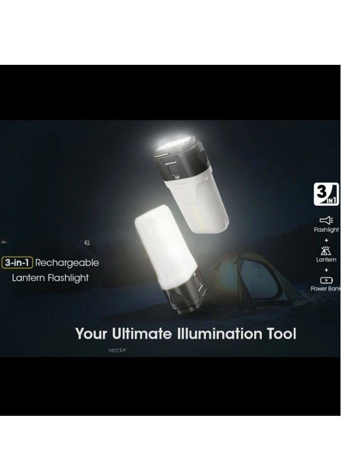 نايت كور - مصباح يدوي LR70، مصباح يدوي 3 في 1 USB C قابل لإعادة الشحن، فانوس تخييم قوي 3000 لومن، شعلة خارجية محمولة لفترة طويلة للتخييم والمشي لمسافات طويلة، (قطعة واحدة، أبيض وأسود) - Image 1