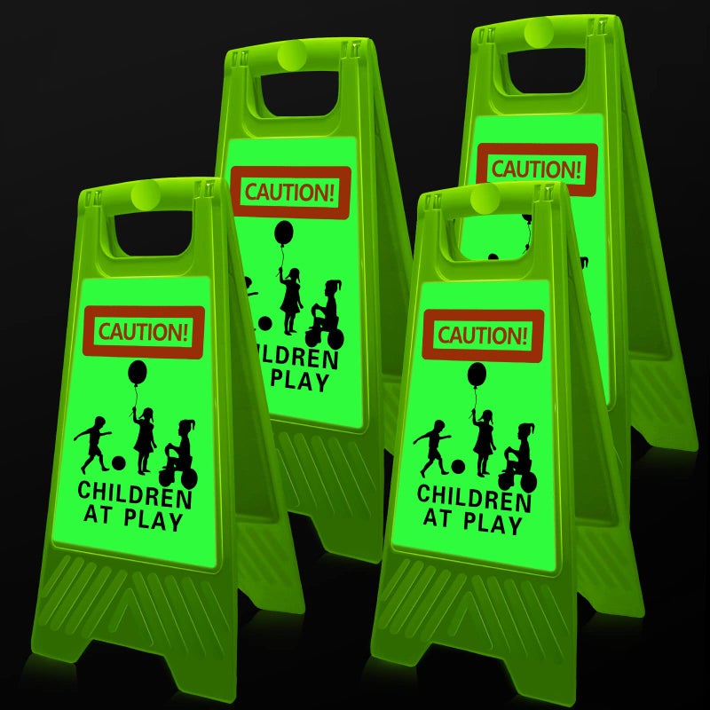 4 Pcs Large Reflective Slow Down Kids at Play Sign 24 Inch Double Sided Portable Handle Children at Play Warning Board Caution Safety Signs for Street Neighborhood Yard School Park SidewalkGreen