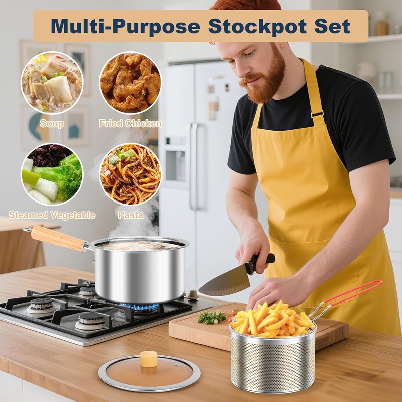 Angju Deep Fryer Pot with Basket and Handle, Stainless Steel Oil Strainer Pot with Lid, Small Tempura Deep Frying Pot, Portable Food Cooking Pot for Frying Fish Shrimp Chicken and Fries - Image 3