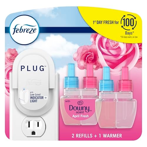 Febreze Plug In Air Freshener, Odor-Fighting Scented Oil Starter Kit, Air Fresheners for Home and Bathroom and Kitchen, Long Lasting for Strong Odors, Downy April Fresh Scent, Warmer + 2 Refill - Image 1
