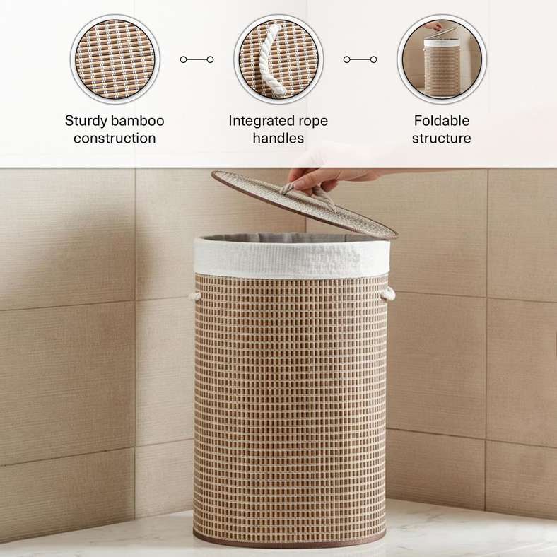 Pan Home Shanta Foldable Bamboo Round Storage Hamper with Handle 40x30x60cm - Natural - 261AIC9903801 - Image 4