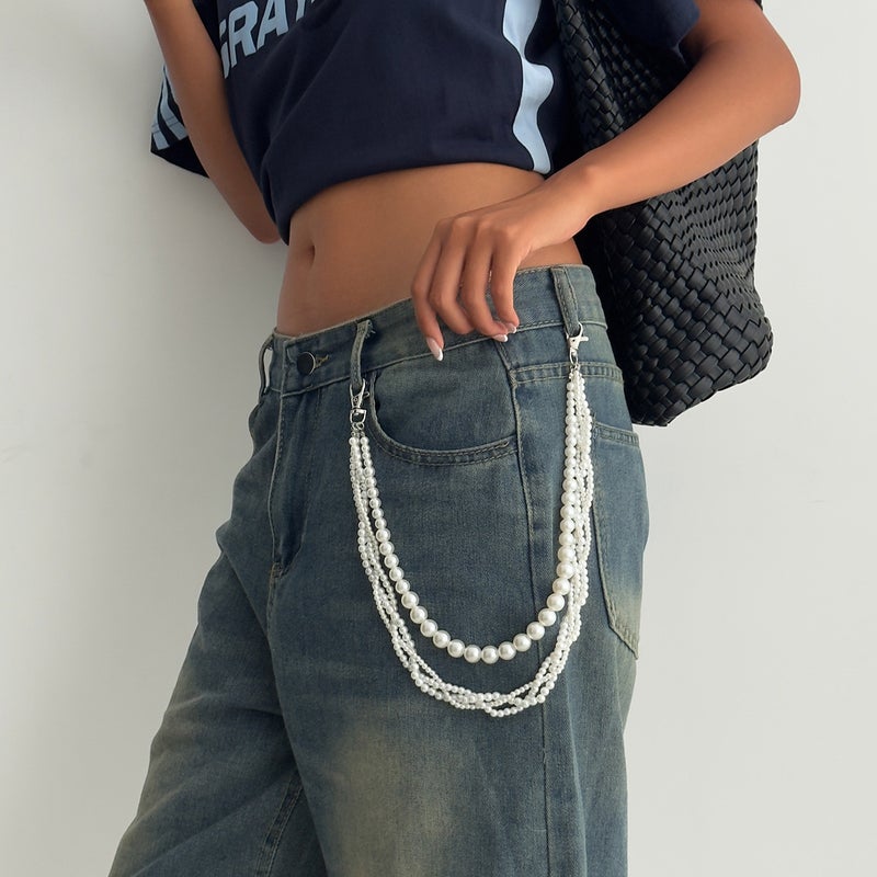 SHIXIN European and American Cross-Border Jewelry: Minimalist Rhinestone-Encrusted Cross Jeans Chain Pendant, Instagram-Inspired Pearl Bead Waist Chain - Image 1