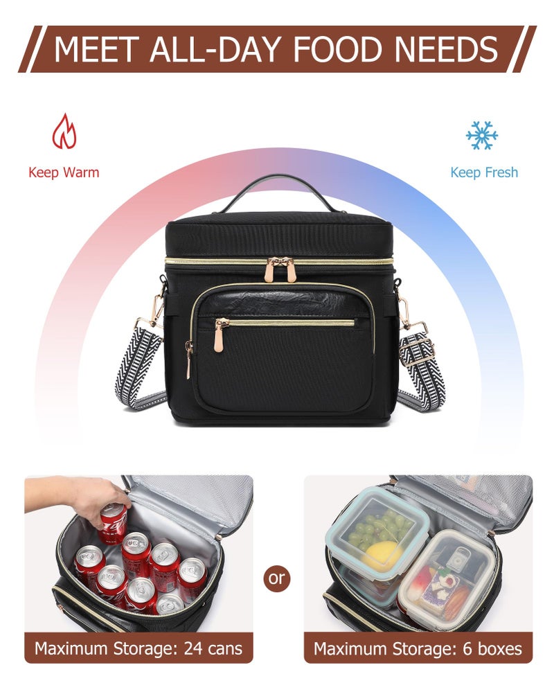 BAVERGE Insulated Lunch Bag for Women, Leakproof Cooler Lunchbox for Adult Work Large Lunch Tote Purse with Adjustable Shoulder Strap Cup Holder for Meal,Black - Image 3