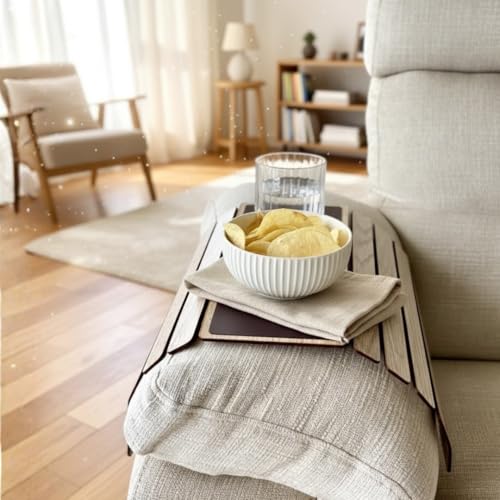 MASON HOME Elm Sofa Rectangular Armrest Tray - Cream Full Grain Bamboo Wood with Anti Slip Pad | Dining Tray | Home & Office Décor | Furniture | Serving Platter for Drinks - Appetizer - Snack Bowls - Image 1