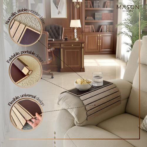 MASON HOME Elm Sofa Rectangular Armrest Tray - Cream Full Grain Bamboo Wood with Anti Slip Pad | Dining Tray | Home & Office Décor | Furniture | Serving Platter for Drinks - Appetizer - Snack Bowls - Image 3