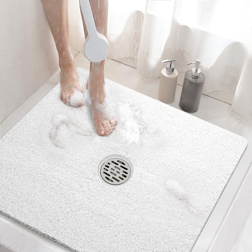 HITSLAM Square Shower Mat, 24 x 24 Inch Non Slip Bath Mat for Tub, Soft PVC Loofah Bathtub Mats with Drain Holes, Quick Drying Bathroom Stall Floor Mat, Bathroom Accessories Without Suction Cup, White - Image 1