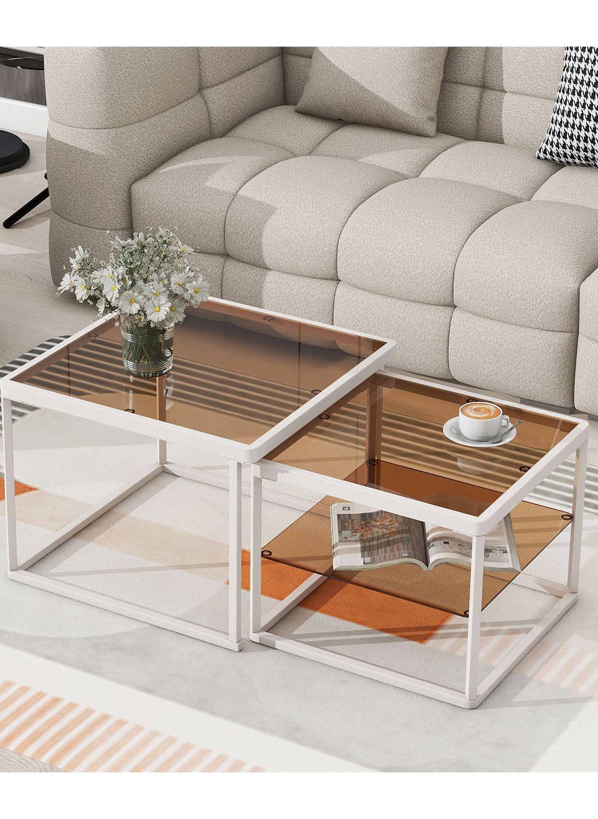 Sharpdo Modern Nested Coffee Table Set, Brown Tempered Glass Side Table with Metal Frame,End Table with High-low Combination Design for Living Room 