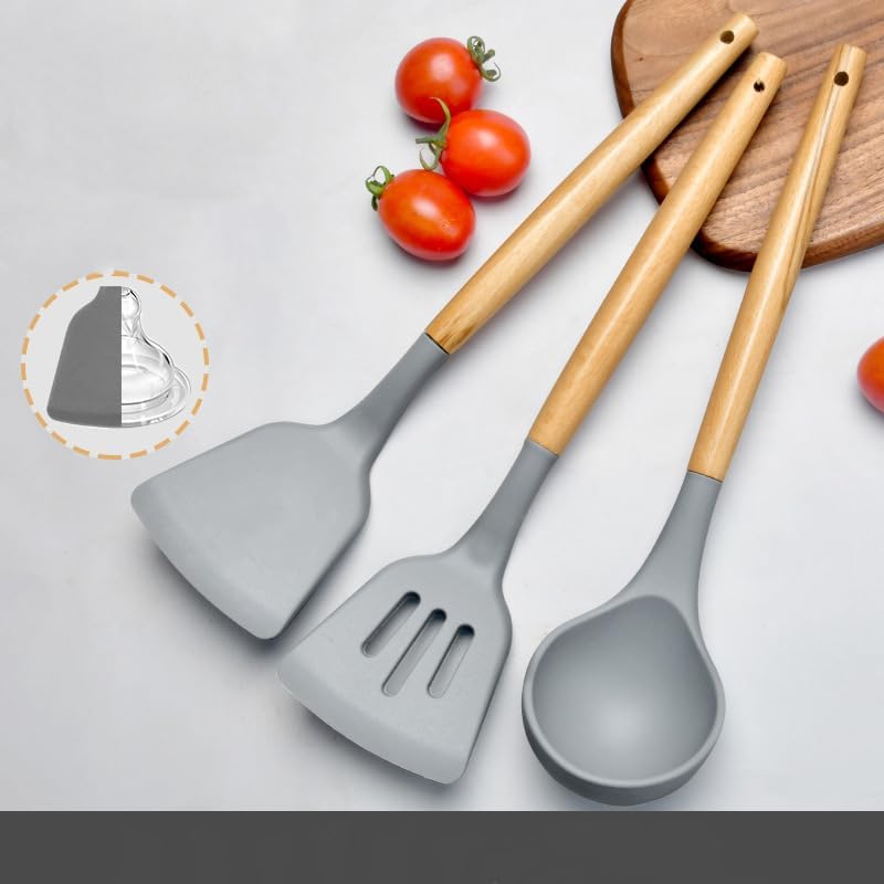 KPTON Spatula Turner Serving Cooking Spoon Silicon For Kitchen Silicone Set Non Stick Pan With Wooden Handle 3 (Grey) - Image 1