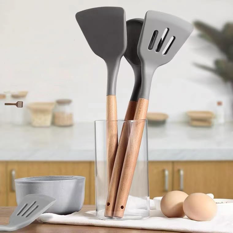 KPTON Spatula Turner Serving Cooking Spoon Silicon For Kitchen Silicone Set Non Stick Pan With Wooden Handle 3 (Grey) - Image 2