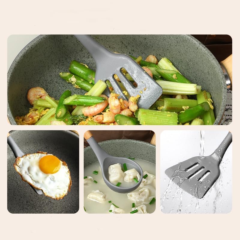 KPTON Spatula Turner Serving Cooking Spoon Silicon For Kitchen Silicone Set Non Stick Pan With Wooden Handle 3 (Grey) - Image 4
