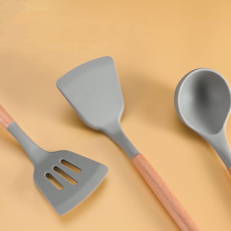 KPTON Spatula Turner Serving Cooking Spoon Silicon For Kitchen Silicone Set Non Stick Pan With Wooden Handle 3 (Grey) - Image 5