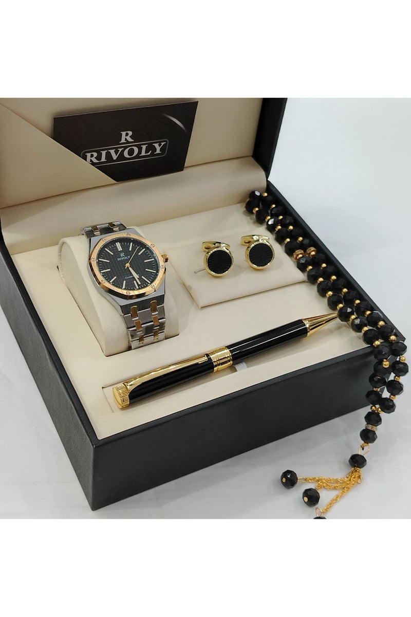 طقم ساعة رجالي من الستانلس ستيل بتصميم أنيق – مقاومة للماء – سوار معدني متين