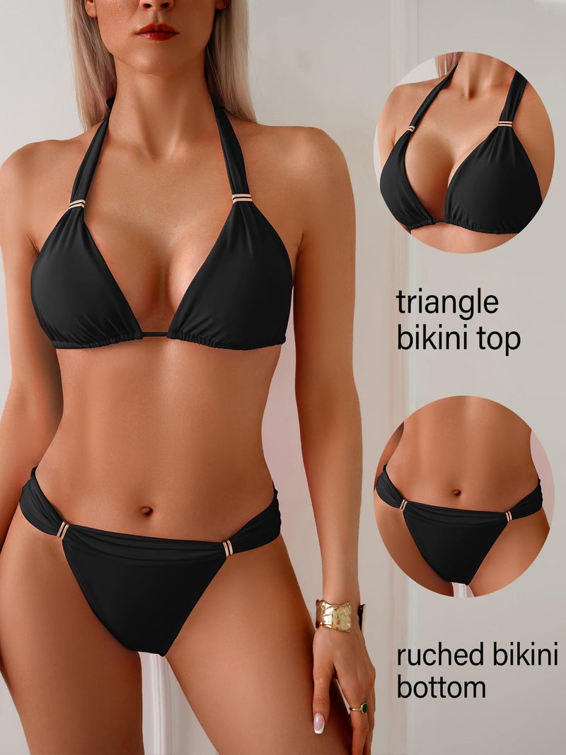TASHEHE Women's Triangle Ruched Bikini Set Sexy Two Piece Swimsuit Halter Sliding Rings Bathing Suit - 508 / Black - Medium - Image 4